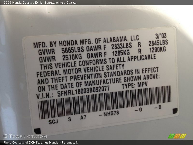 Taffeta White / Quartz 2003 Honda Odyssey EX-L