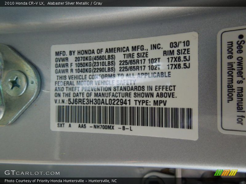 Alabaster Silver Metallic / Gray 2010 Honda CR-V LX