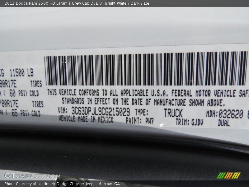 2012 Ram 3500 HD Laramie Crew Cab Dually Bright White Color Code PW7