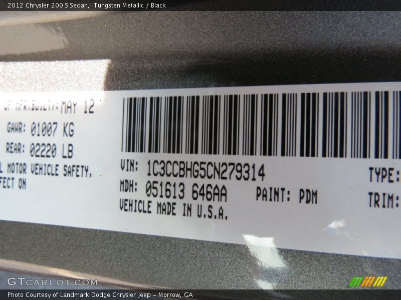 Tungsten Metallic / Black 2012 Chrysler 200 S Sedan