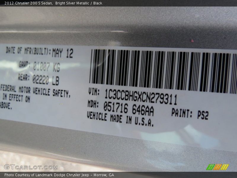 Bright Silver Metallic / Black 2012 Chrysler 200 S Sedan
