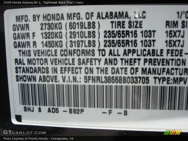 2008 Odyssey EX-L Nighthawk Black Pearl Color Code B92P