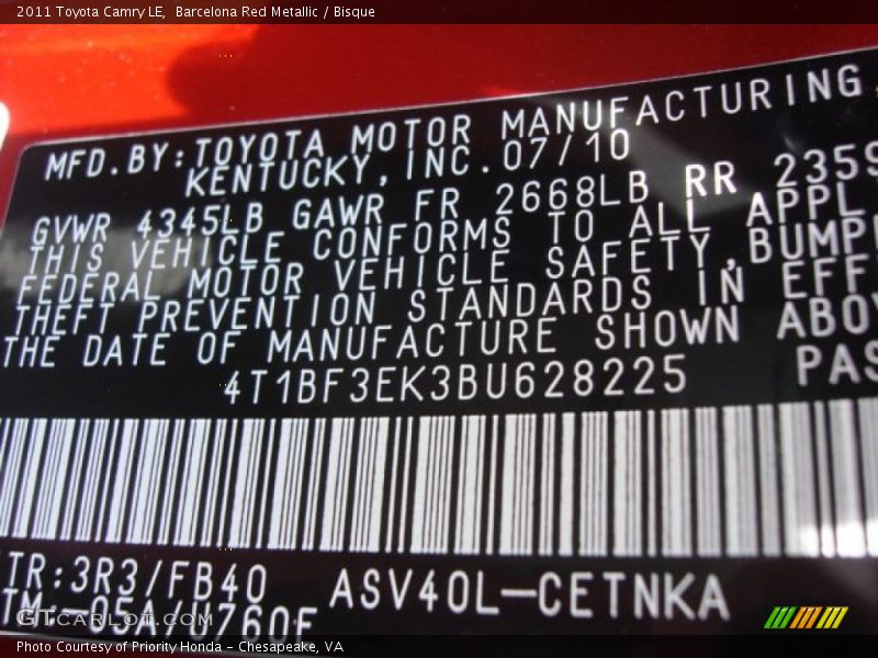 Barcelona Red Metallic / Bisque 2011 Toyota Camry LE