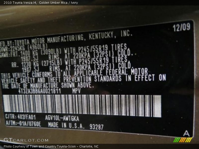 Golden Umber Mica / Ivory 2010 Toyota Venza I4