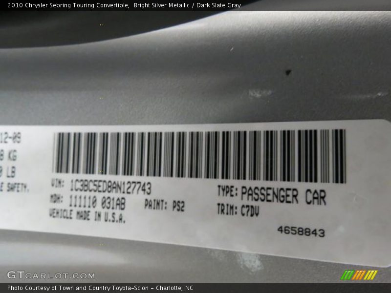 Bright Silver Metallic / Dark Slate Gray 2010 Chrysler Sebring Touring Convertible