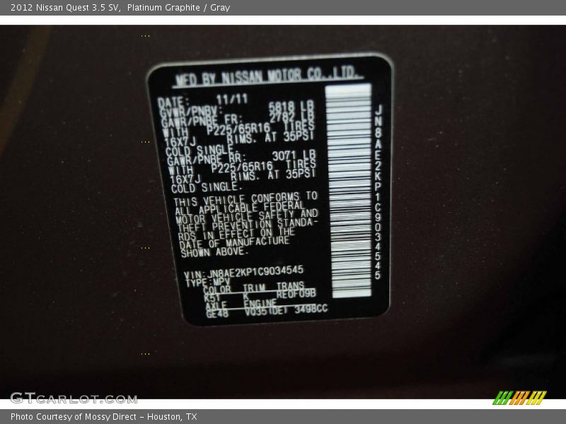 Platinum Graphite / Gray 2012 Nissan Quest 3.5 SV