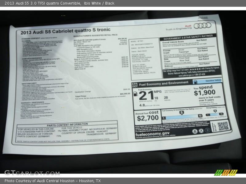  2013 S5 3.0 TFSI quattro Convertible Window Sticker