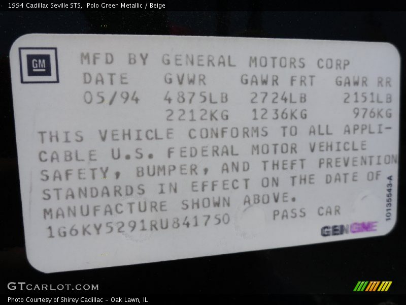 Info Tag of 1994 Seville STS