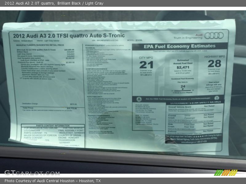  2012 A3 2.0T quattro Window Sticker
