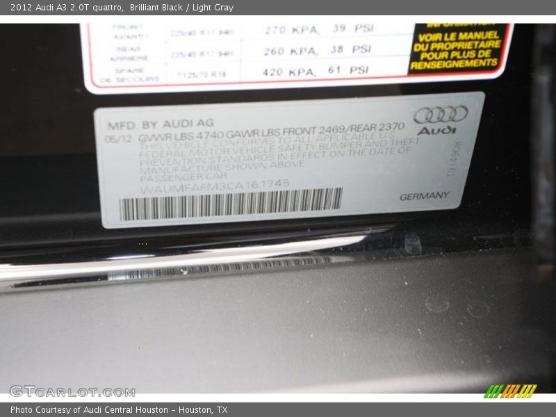 Brilliant Black / Light Gray 2012 Audi A3 2.0T quattro