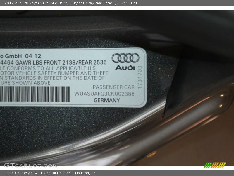 Info Tag of 2012 R8 Spyder 4.2 FSI quattro