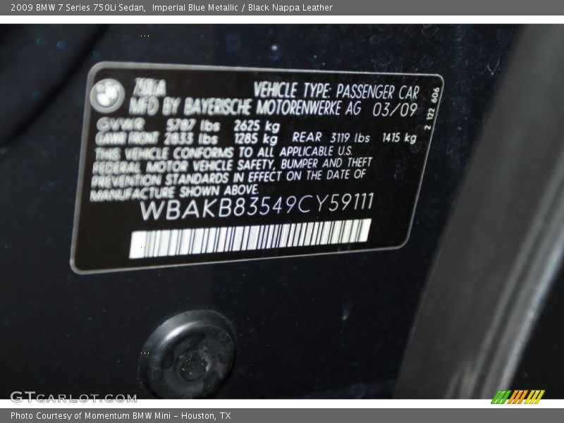 Imperial Blue Metallic / Black Nappa Leather 2009 BMW 7 Series 750Li Sedan