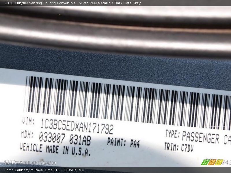 Silver Steel Metallic / Dark Slate Gray 2010 Chrysler Sebring Touring Convertible