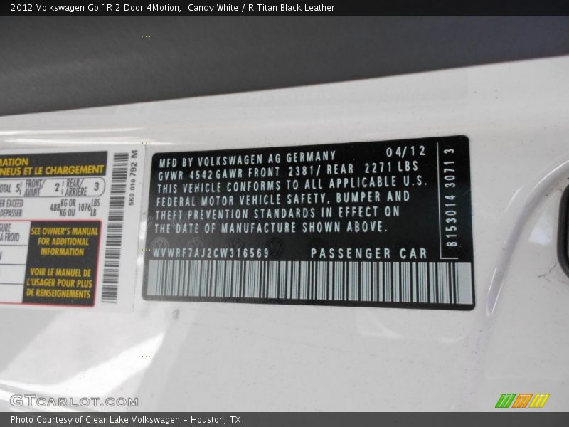 Candy White / R Titan Black Leather 2012 Volkswagen Golf R 2 Door 4Motion