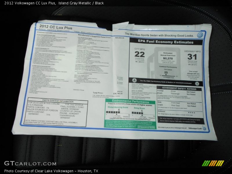 Island Gray Metallic / Black 2012 Volkswagen CC Lux Plus