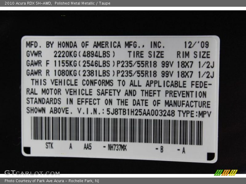 2010 RDX SH-AWD Polished Metal Metallic Color Code NH737MX