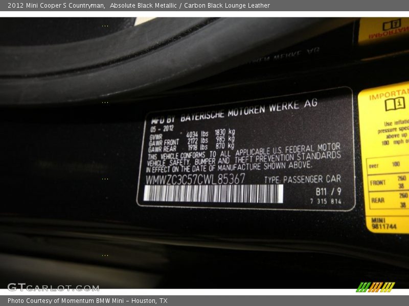 Absolute Black Metallic / Carbon Black Lounge Leather 2012 Mini Cooper S Countryman