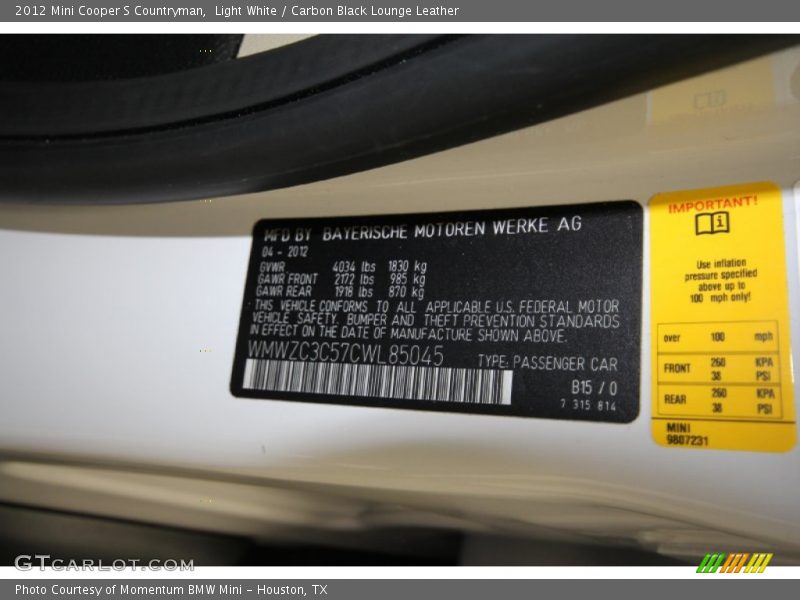 Light White / Carbon Black Lounge Leather 2012 Mini Cooper S Countryman