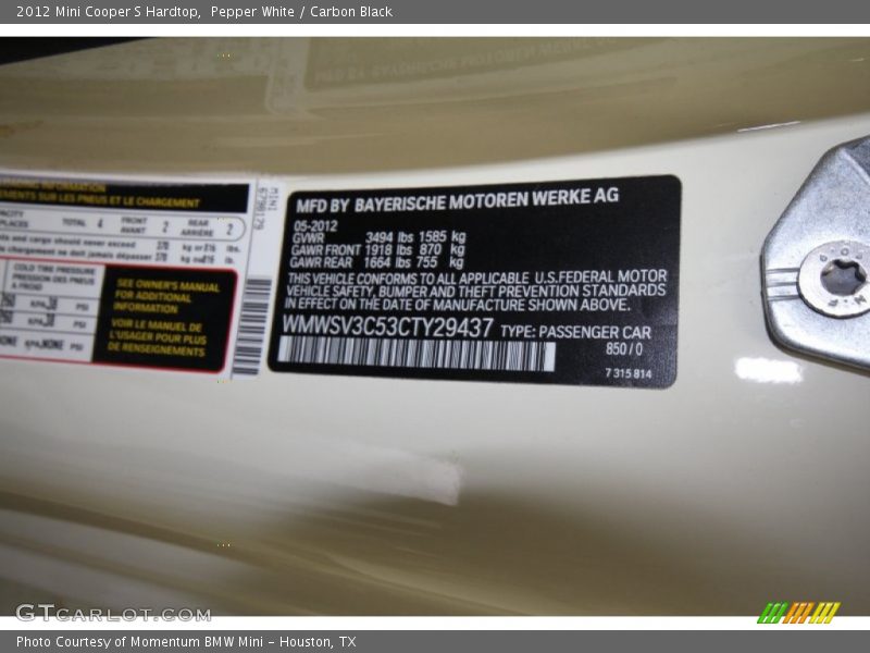 Pepper White / Carbon Black 2012 Mini Cooper S Hardtop