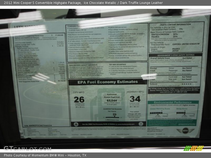  2012 Cooper S Convertible Highgate Package Window Sticker
