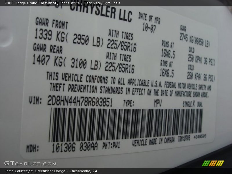 Stone White / Dark Slate/Light Shale 2008 Dodge Grand Caravan SE