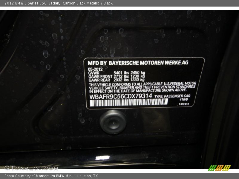 Carbon Black Metallic / Black 2012 BMW 5 Series 550i Sedan