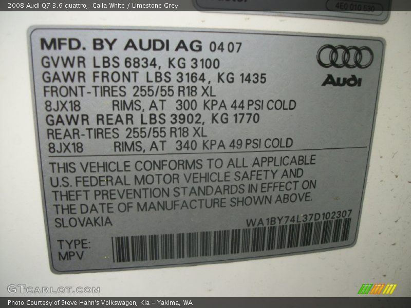 Calla White / Limestone Grey 2008 Audi Q7 3.6 quattro