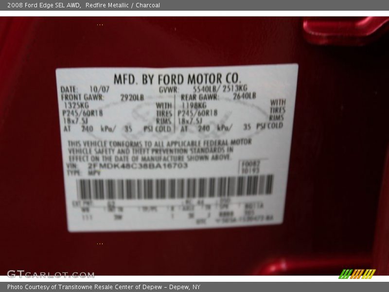 2008 Edge SEL AWD Redfire Metallic Color Code G2