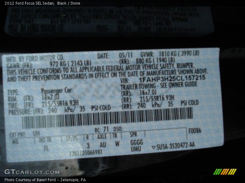 Black / Stone 2012 Ford Focus SEL Sedan