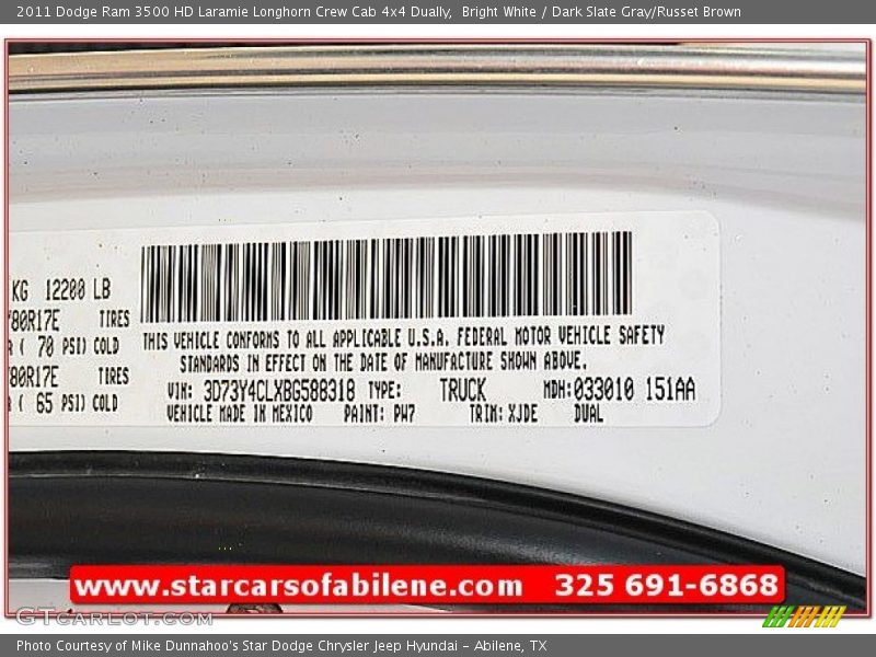 Bright White / Dark Slate Gray/Russet Brown 2011 Dodge Ram 3500 HD Laramie Longhorn Crew Cab 4x4 Dually
