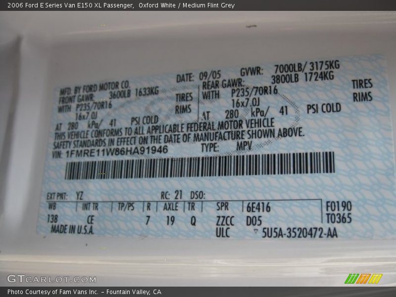 2006 E Series Van E150 XL Passenger Oxford White Color Code YZ