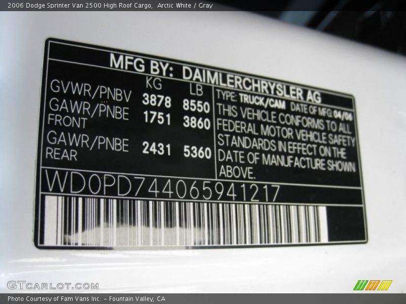 Info Tag of 2006 Sprinter Van 2500 High Roof Cargo