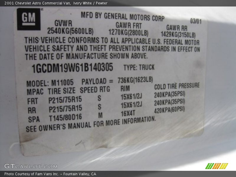 Ivory White / Pewter 2001 Chevrolet Astro Commercial Van