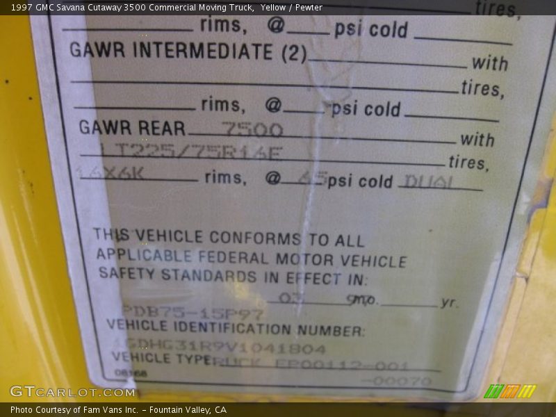 Yellow / Pewter 1997 GMC Savana Cutaway 3500 Commercial Moving Truck