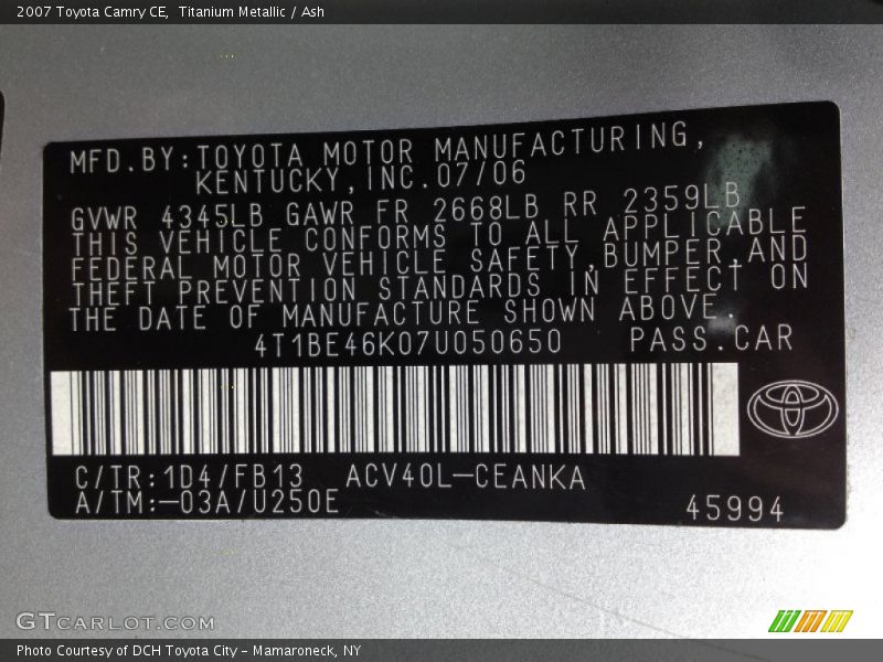 Titanium Metallic / Ash 2007 Toyota Camry CE