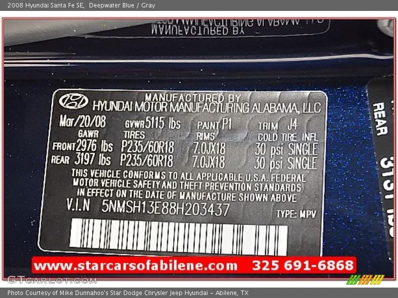 Deepwater Blue / Gray 2008 Hyundai Santa Fe SE