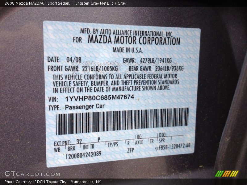 2008 MAZDA6 i Sport Sedan Tungsten Gray Metallic Color Code 32P