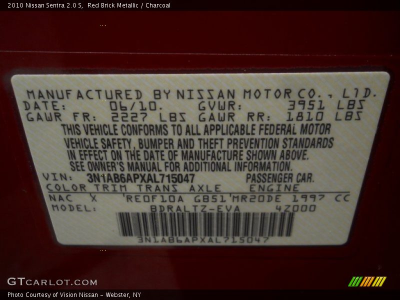 Red Brick Metallic / Charcoal 2010 Nissan Sentra 2.0 S