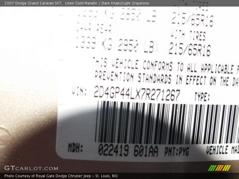 Linen Gold Metallic / Dark Khaki/Light Graystone 2007 Dodge Grand Caravan SXT