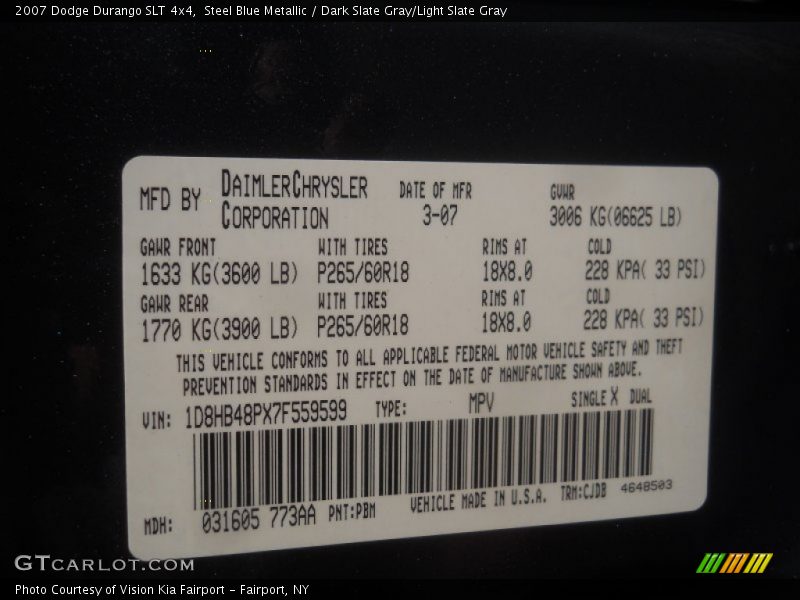 Steel Blue Metallic / Dark Slate Gray/Light Slate Gray 2007 Dodge Durango SLT 4x4