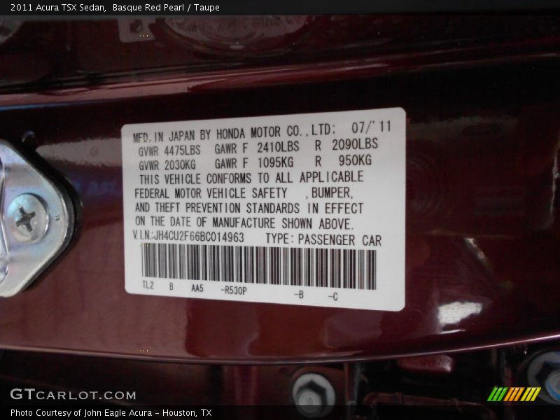 2011 TSX Sedan Basque Red Pearl Color Code R530P
