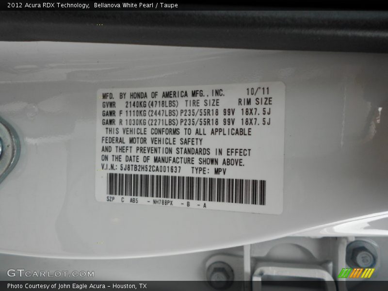 2012 RDX Technology Bellanova White Pearl Color Code NH788PX