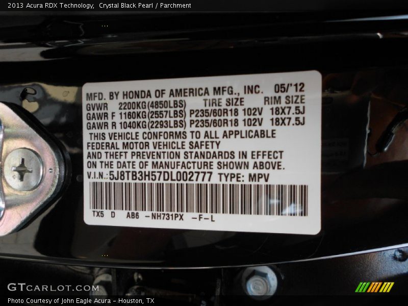 2013 RDX Technology Crystal Black Pearl Color Code NH731PX