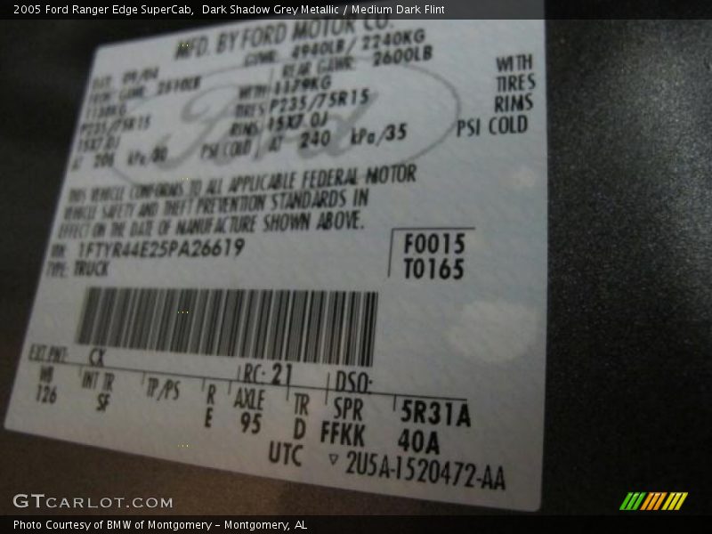 2005 Ranger Edge SuperCab Dark Shadow Grey Metallic Color Code CX