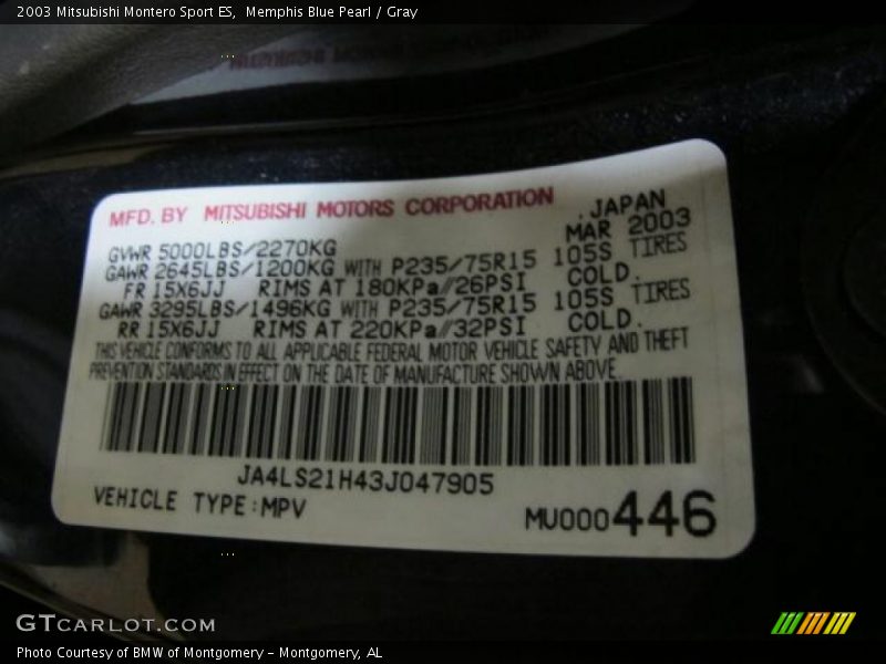 Memphis Blue Pearl / Gray 2003 Mitsubishi Montero Sport ES