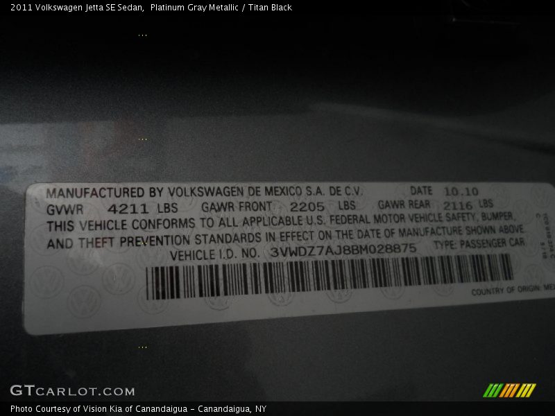 Platinum Gray Metallic / Titan Black 2011 Volkswagen Jetta SE Sedan