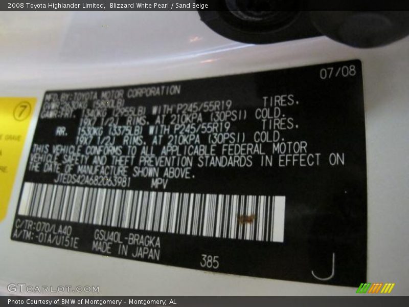 Blizzard White Pearl / Sand Beige 2008 Toyota Highlander Limited