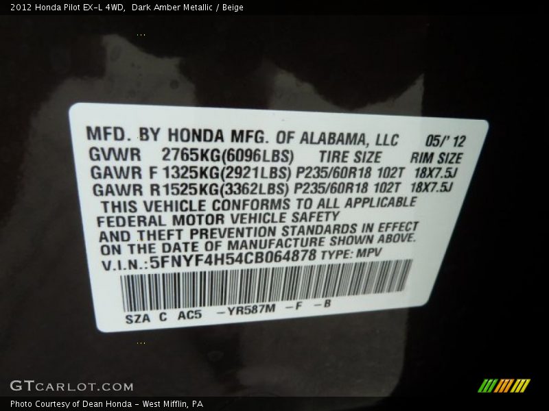 Dark Amber Metallic / Beige 2012 Honda Pilot EX-L 4WD