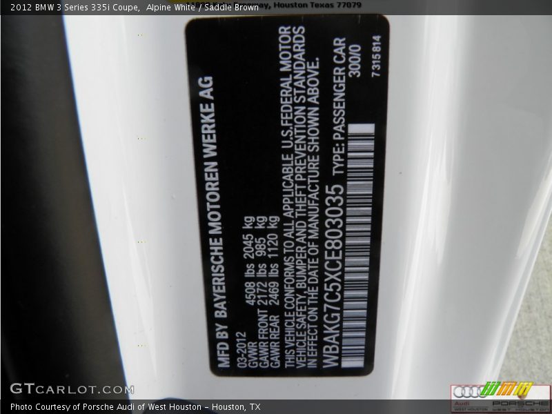 Alpine White / Saddle Brown 2012 BMW 3 Series 335i Coupe