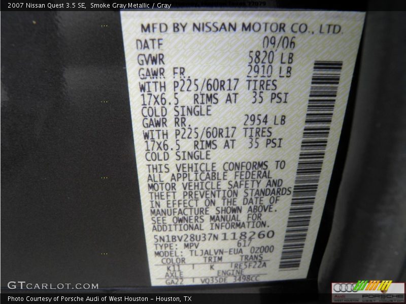 Smoke Gray Metallic / Gray 2007 Nissan Quest 3.5 SE